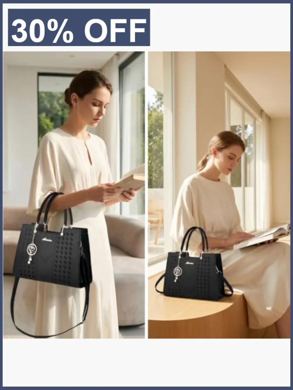 Vegan Leather Satchel Purse w/ Pearl Charm Tote Crossbody Bag